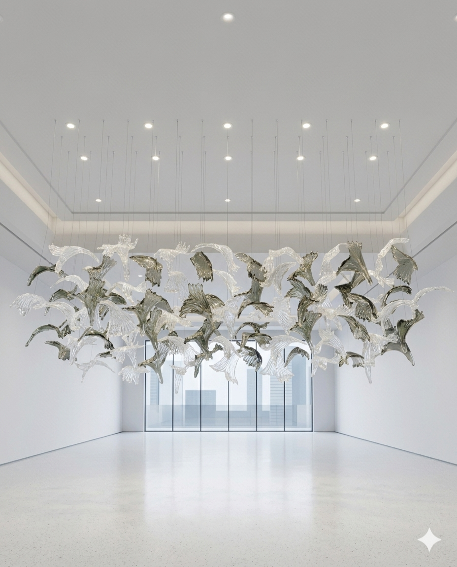 Custom Floating Glass Leaf & Bird Chandelier β 100cm x 40cm
