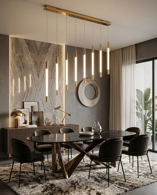 Modern Minimalist 9-Light Rectangular Linear Chandelier for Dining Table – Rose Gold / Warm White (3000K, 120cm, 45W)