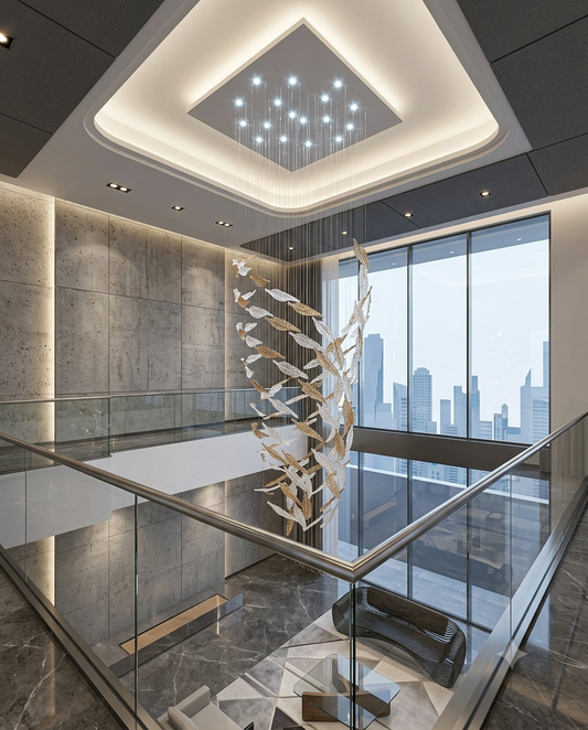 Custom 3M Double-Height Leaf Ring Chandelier | Amber & White