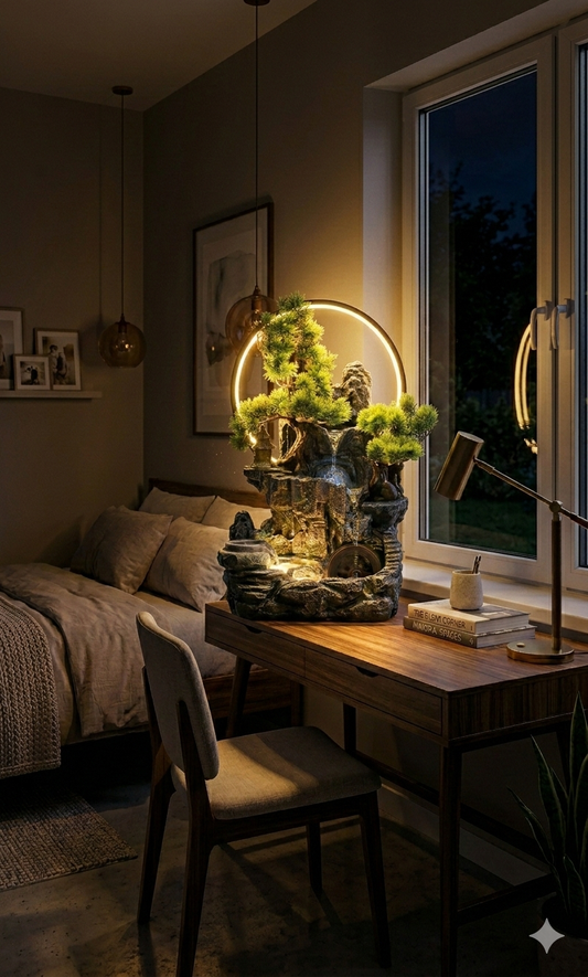 Zen Tabletop Water Fountain with LED Ring Light & Artificial Bonsai – Modern Rockery Waterfall for Home & Office Decor