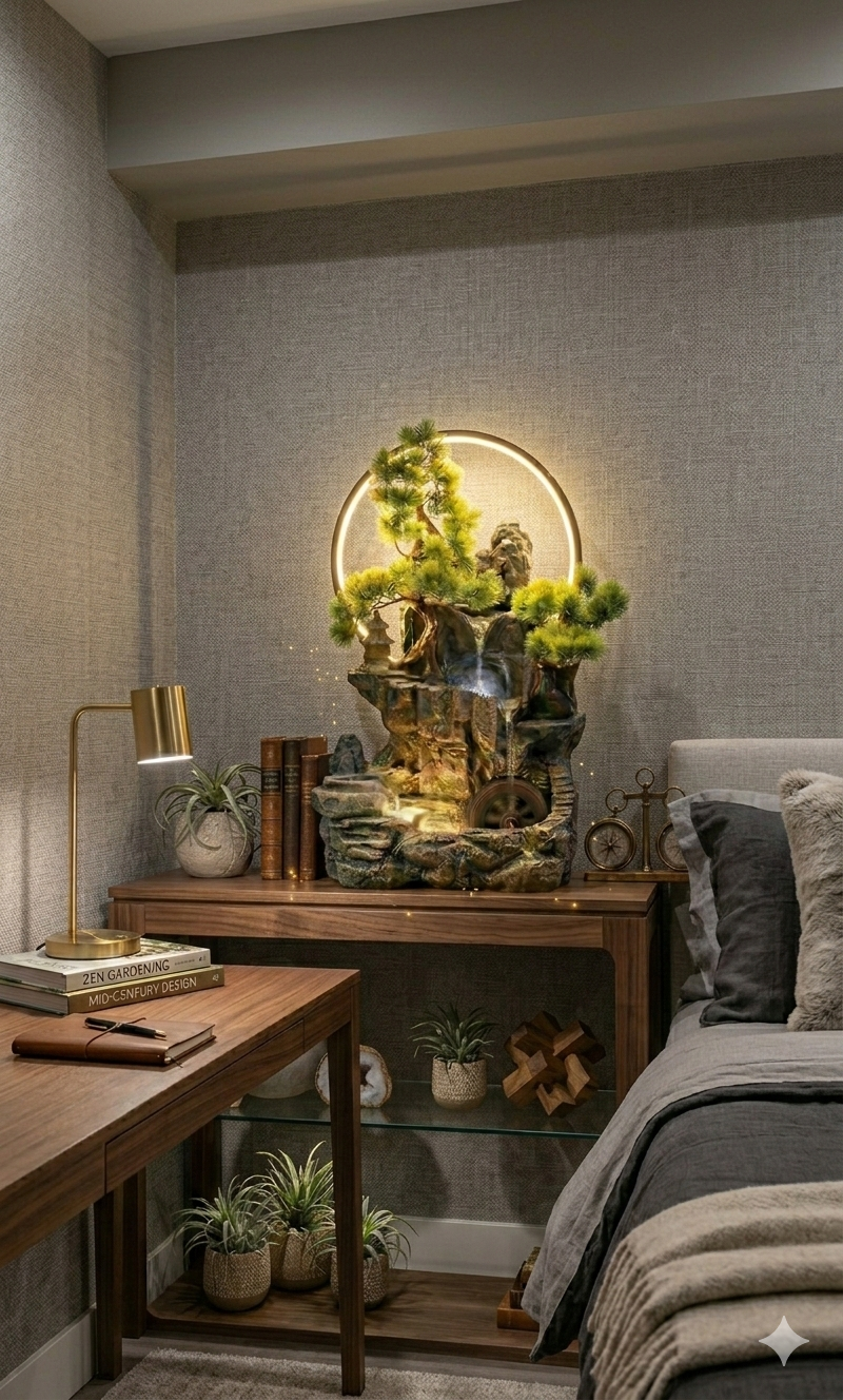 Zen Tabletop Water Fountain with LED Ring Light & Artificial Bonsai β Modern Rockery Waterfall for Home & Office Decor