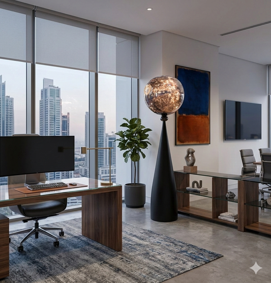 Modern Black Sculptural Floor Lamp with Artistic Glass Globe – Luxury Statement Lighting for Living Room