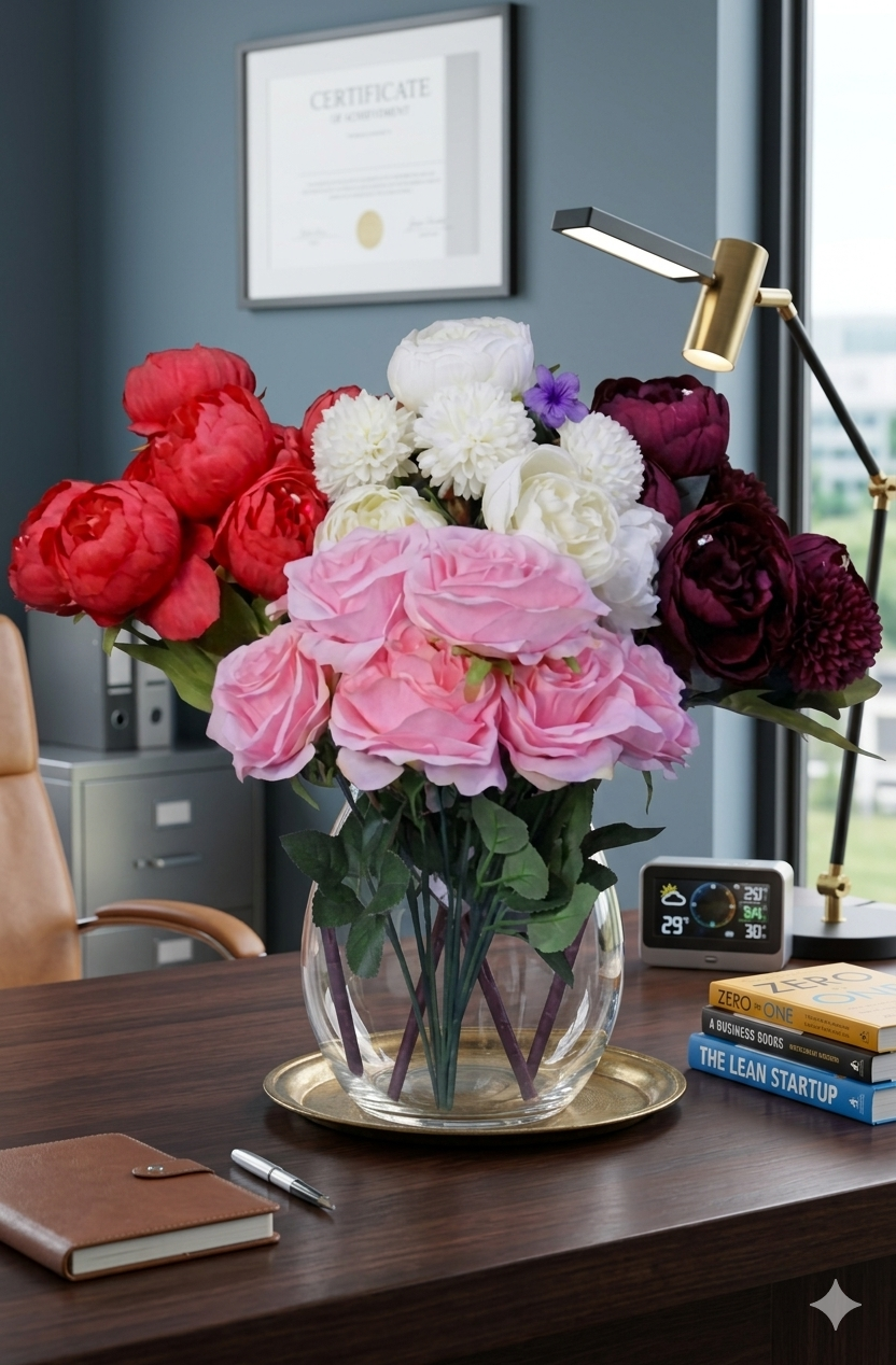 Artificial Rose & Peony Flower Bouquet – Decorative Faux Flowers (Pink, White, Red & Burgundy)