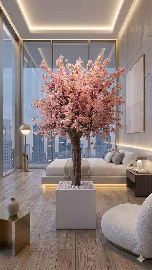 Deluxe Artificial Cherry Blossom Tree – Large Pink Silk Blooms with Modern Square Planter