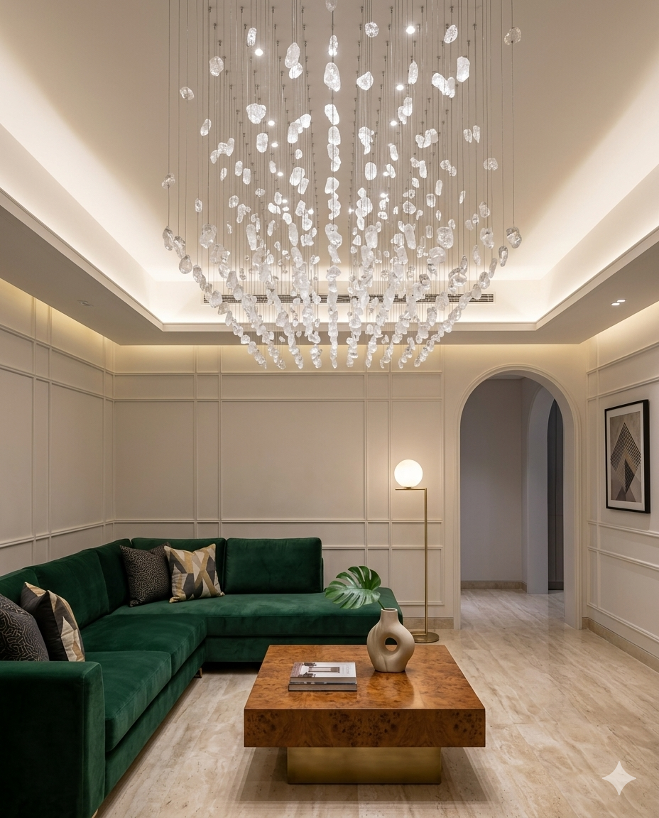 Custom White Crystal Drop Chandelier – Modern LED Ceiling Light for Gypsum Board