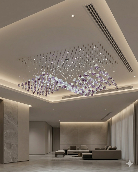Custom Modern Purple & White Crystal Stone wavy Chandelier LED Hanging Ceiling Light – Rectangular Luxury Drop Light