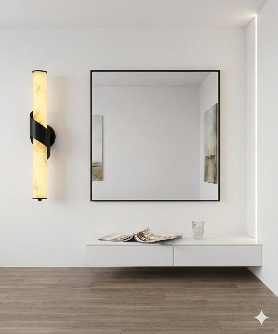 Modern 50cm Fiber Marble Sconce with Matte Black Spiral Base