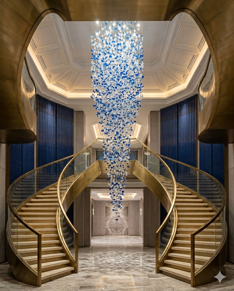 Luxury Blue & White Crystal Spiral Chandelier β Custom Modern High Ceiling Staircase Hanging Light