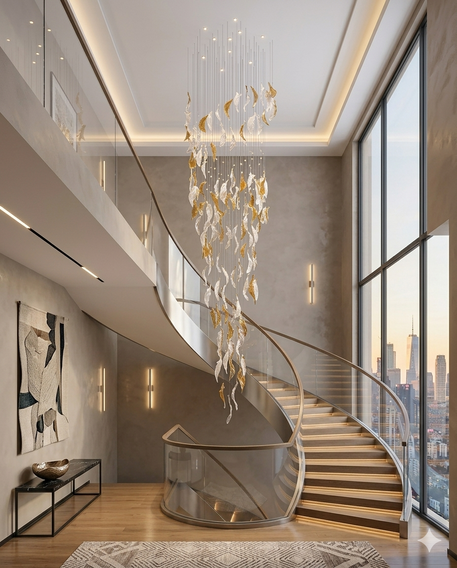 3-Meter Custom Spiral Leaf Glass Chandelier | Orange & White Luxury Pendant Light for High Ceiling Staircase