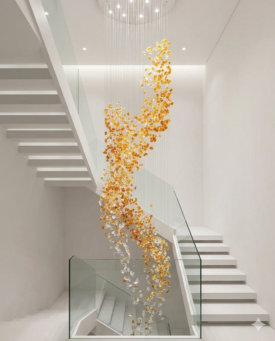 Custom 5-Meter Double-Height Stone Chandelier Amber & White Luxury Lighting