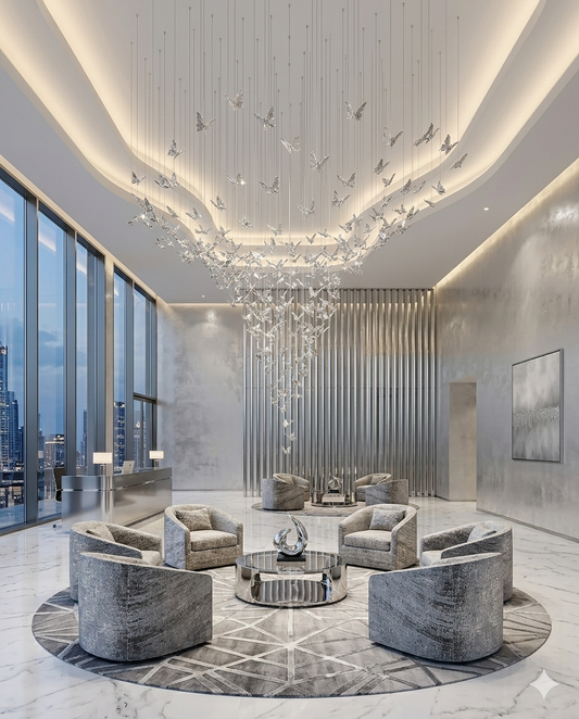 Modern 2M x 3M Crystal Silver Butterfly Chandelier – Luxury Large Floating Pendant Raindrop Ceiling Light