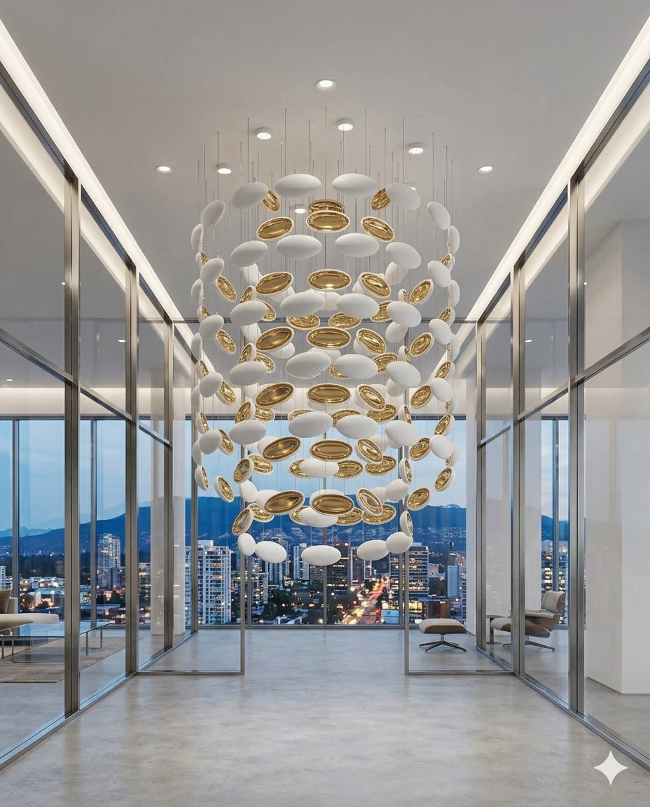 Modern Custom Floating Disc Chandelier – White & Gold Dual-Finish Art Glass Light Fixture