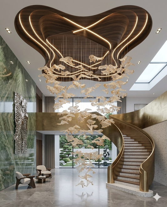 3M Cascading Glass Leaf Chandelier | 1M Round White & Orange Statement Light