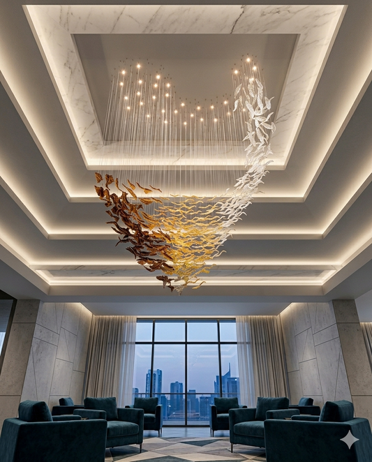 Custom Spiral Wave Glass Leaf Chandelier | 3M Luxury Villa Entrance Light
