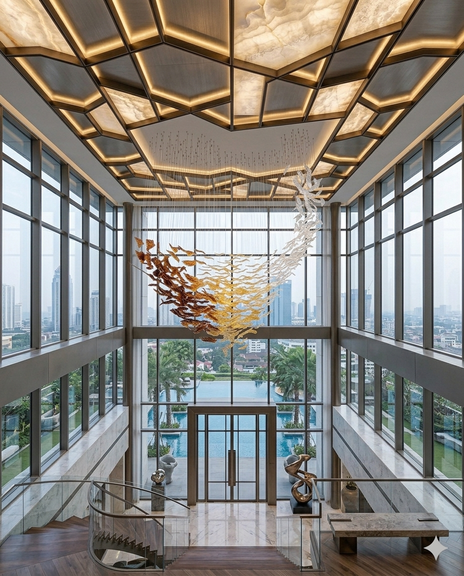 Custom Spiral Wave Glass Leaf Chandelier | 3M Luxury Villa Entrance Light