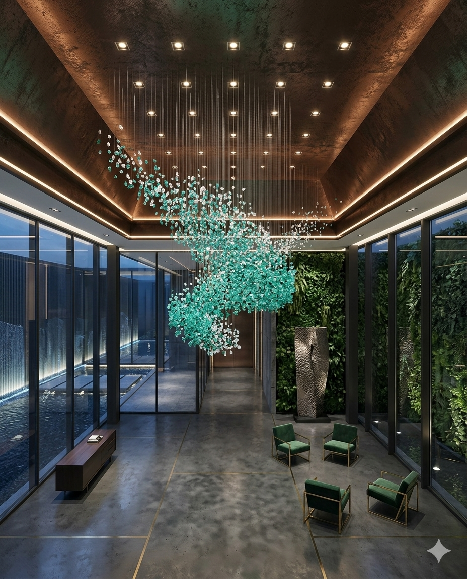 Custom Teal Blue & White Stone Wave Chandelier β 3M Luxury Artistic Installation Light for Villas, Hotels & Grand Lobbies