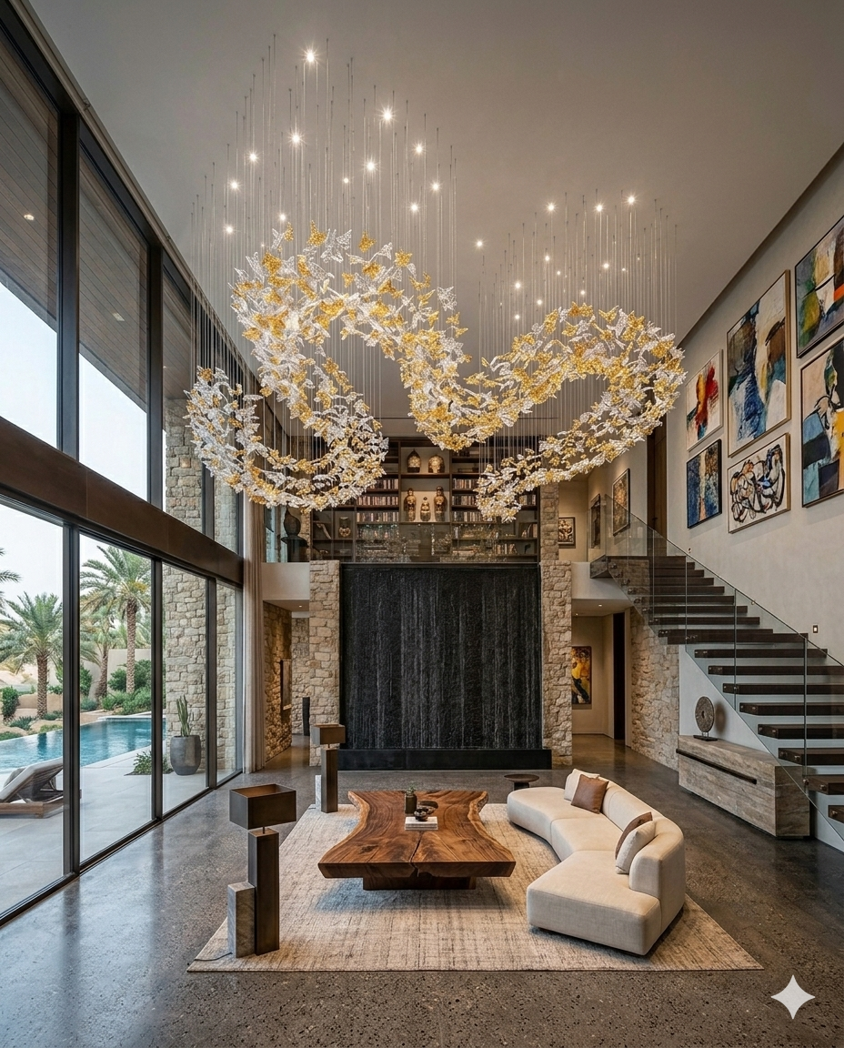 Custom Heart-Shaped White & Gold Leaf Chandelier 5M | Luxury Double Height Staircase Chandelier for Villas & Hotel Lobbies
