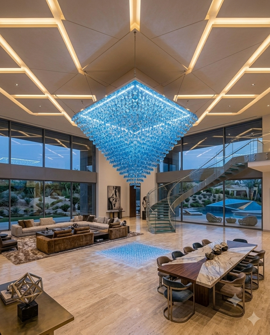 1-Meter Blue Pyramid Stone Chandelier | Luxury Square Ceiling Light Fixture