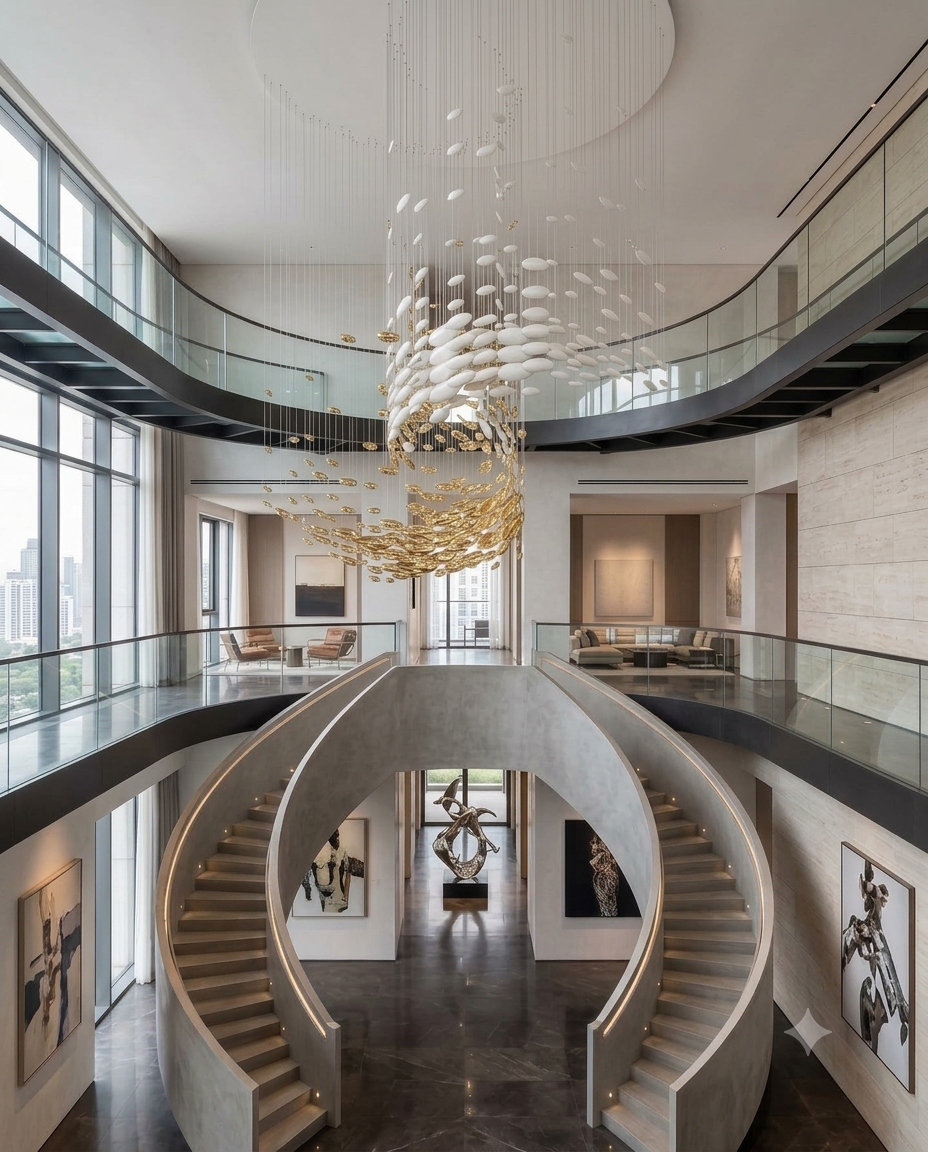 The Horizon 5M Custom White & Gold Kinetic Glass Chandelier