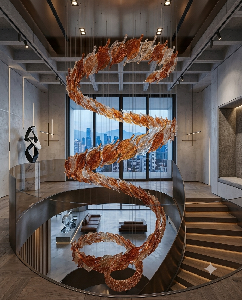 6M Luxury Spiral Glass Leaf Chandelier – Custom Amber & Clear Art Glass Pendant Light