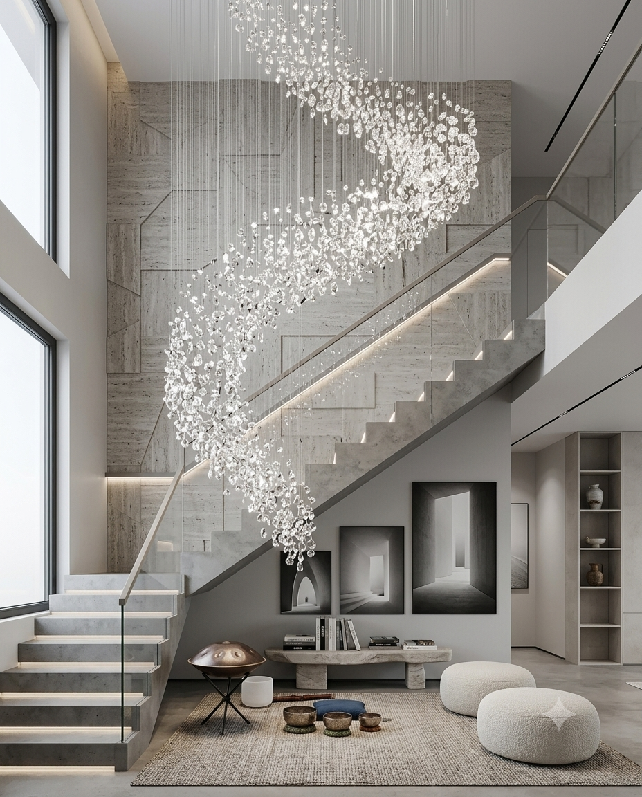 Modern Luxury Foyer Design: 5-Meter Floating Glass Spiral Staircase