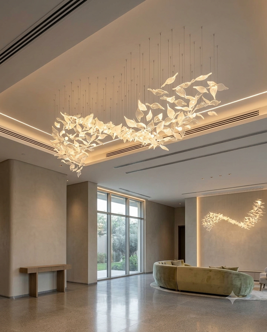 Custom S-Shape Large Glass Leaf Chandelier - 2M Rectangular Wave Style Frosted & Clear Crystal Leaves Pendant Light for Luxury Dining Room