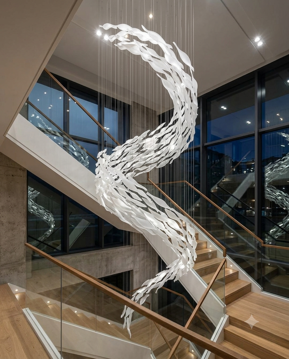 Frozen Cascade: Custom S-Curve 3M Frosted White Glass Pendant
