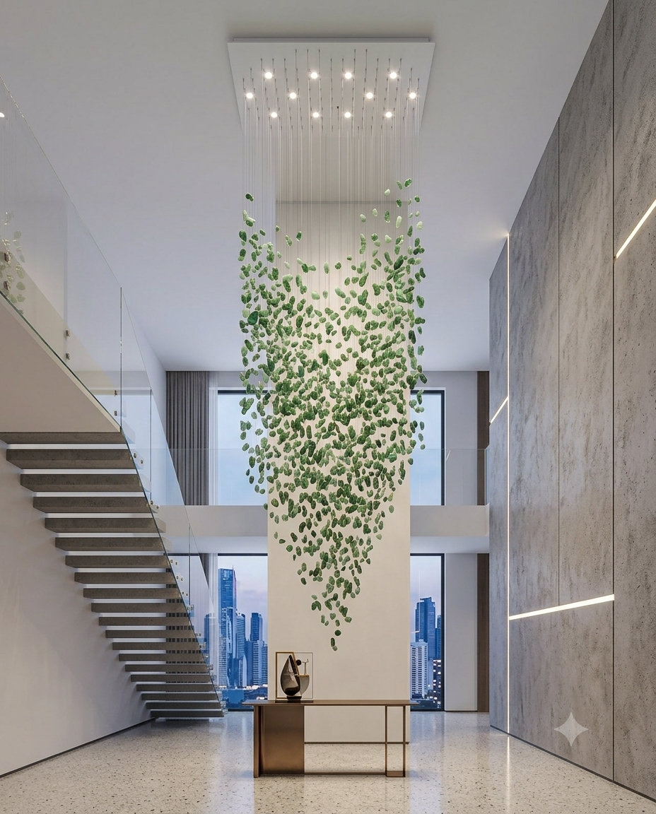 Bespoke 3m Green Stone Crystal Chandelier – Luxury Double-Height Ceiling Lighting