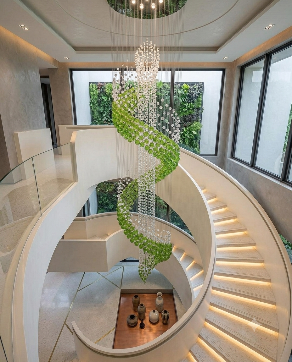 Custom 5M Spiral Crystal Chandelier | Luxury Rare Green Stone Feature Light