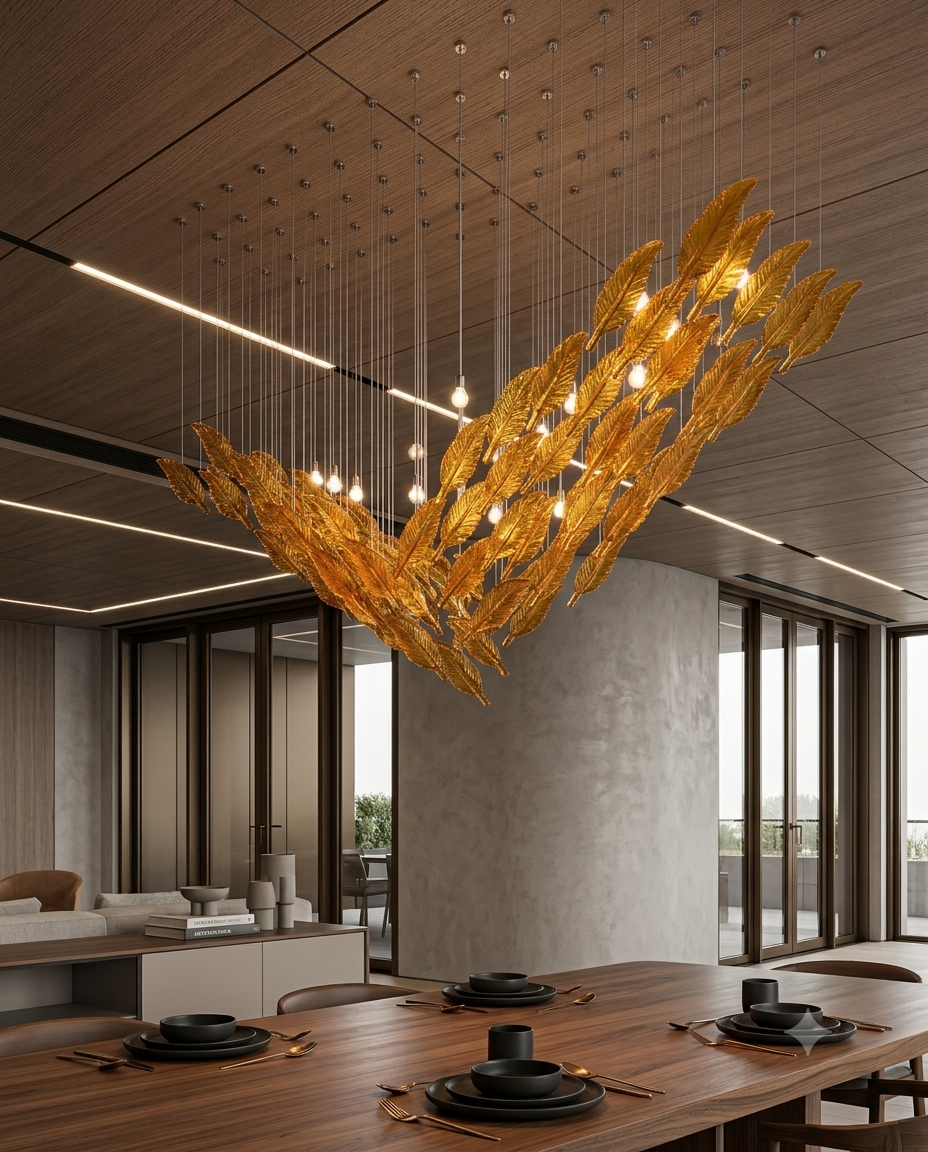 Modern Amber Glass Leaf Chandelier | Custom V-Shaped Dining Room Light (200x80cm)