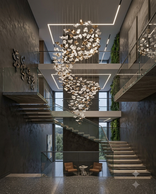 Cascading Gold & Clear Glass Waterfall Chandelier | Modern Stair Void Lighting