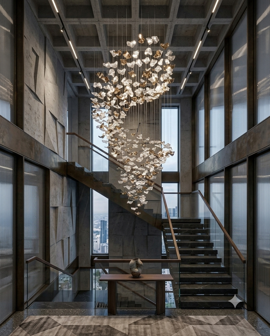 Cascading Gold & Clear Glass Waterfall Chandelier | Modern Stair Void Lighting