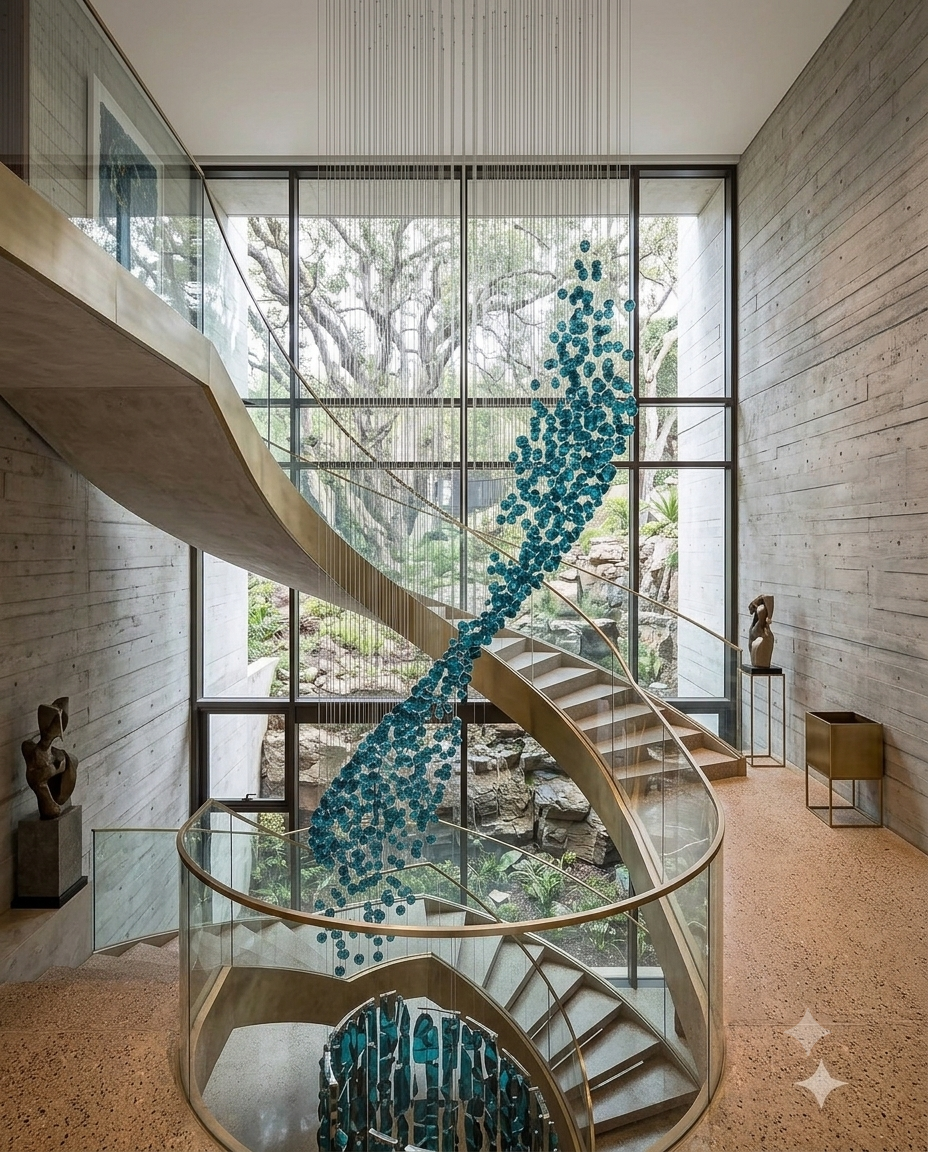 Modern Custom Flowing Wave Teal Blue Stone Staircase Chandelier | 3M Luxury Cascading Design
