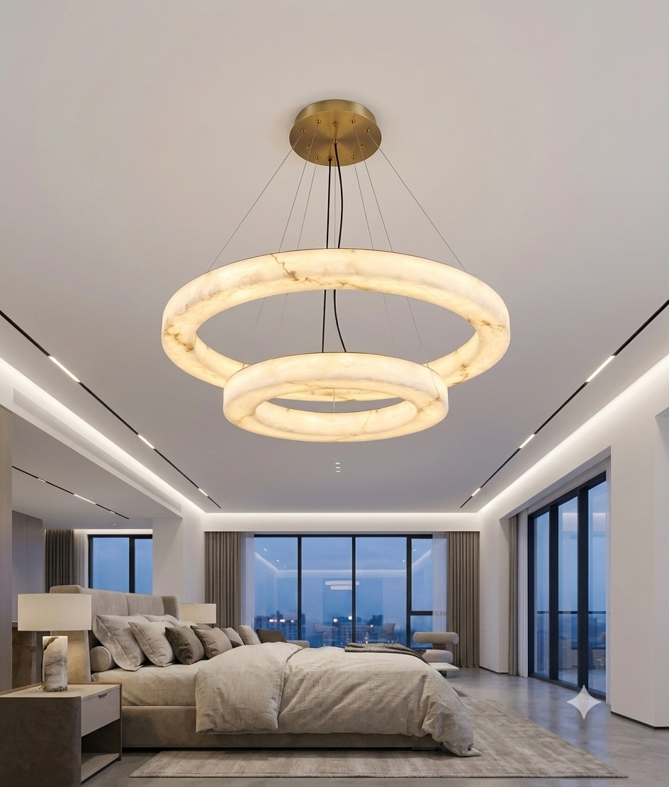 Modern Dual Ring Marble-Effect Acrylic LED Chandelier | 80cm + 50cm Adjustable Pendant Light
