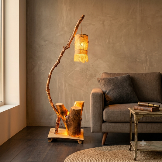 Natural Wooden Tree Root Floor Lamp with Jute Rope Shade & Decor Stand
