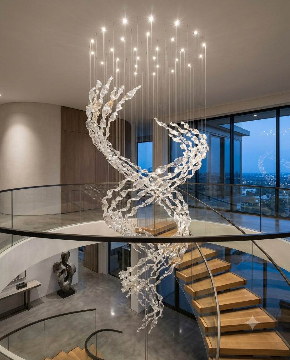 Custom Modern Glass Leaf Chandelier | Amber & Clear Sculptural Suspension Light