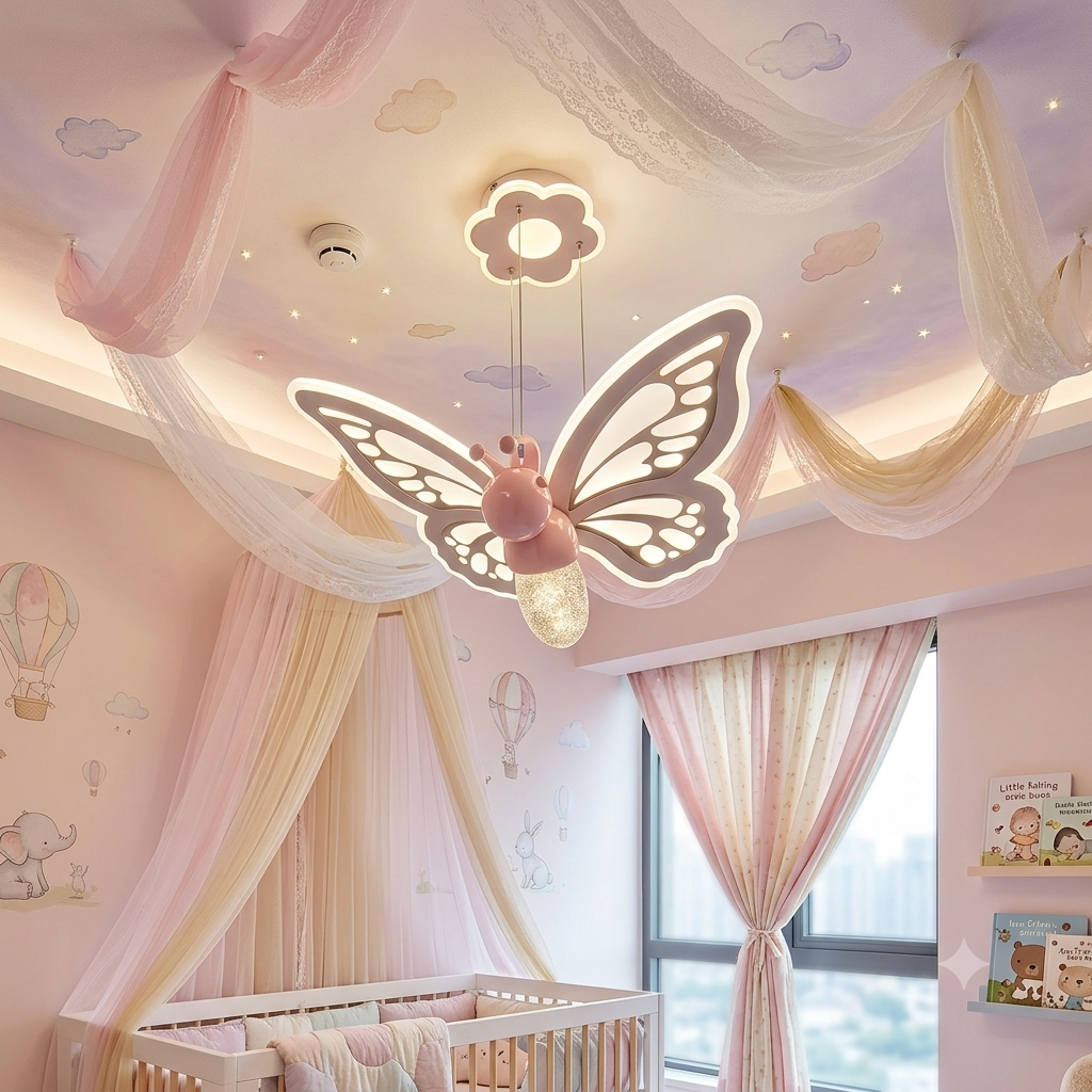 LED Butterfly Pendant Light for Kids Room & Nursery – Modern Pink Ceiling Hanging Lamp