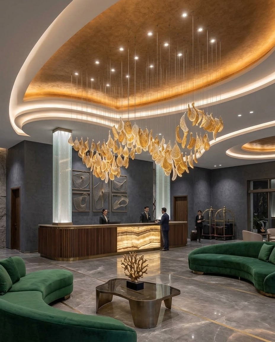 Custom 2m Modern Amber Leaf Glass Chandelier | W-Shape Wave Pendant Light for Luxury Dining & Hotel Reception