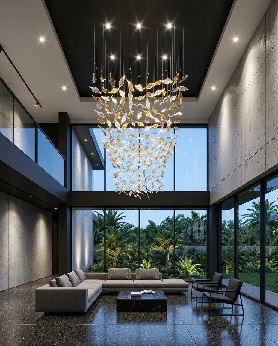Sculptural Falling Leaf Art Chandelier | Hand-Crafted Amber, Clear & Gray Glass Installation
