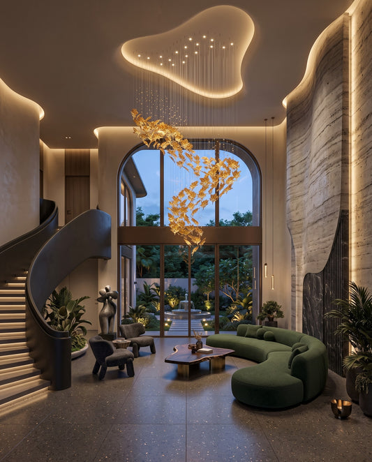 The Golden S-Curve Cascade: Custom Amber Glass Leaf Grand Chandelier