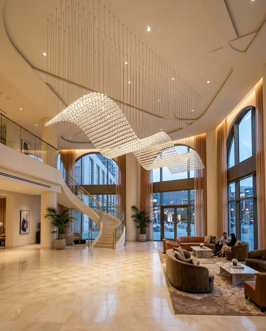 Modern 5M Rectangular Diamond-Cut Clear Crystal Wave Chandelier | Luxury Hotel & Dining Lighting