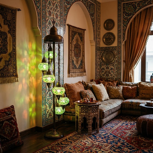 7-Globe Green Turkish Mosaic Floor Lamp - 160cm Antique Copper Standing Light