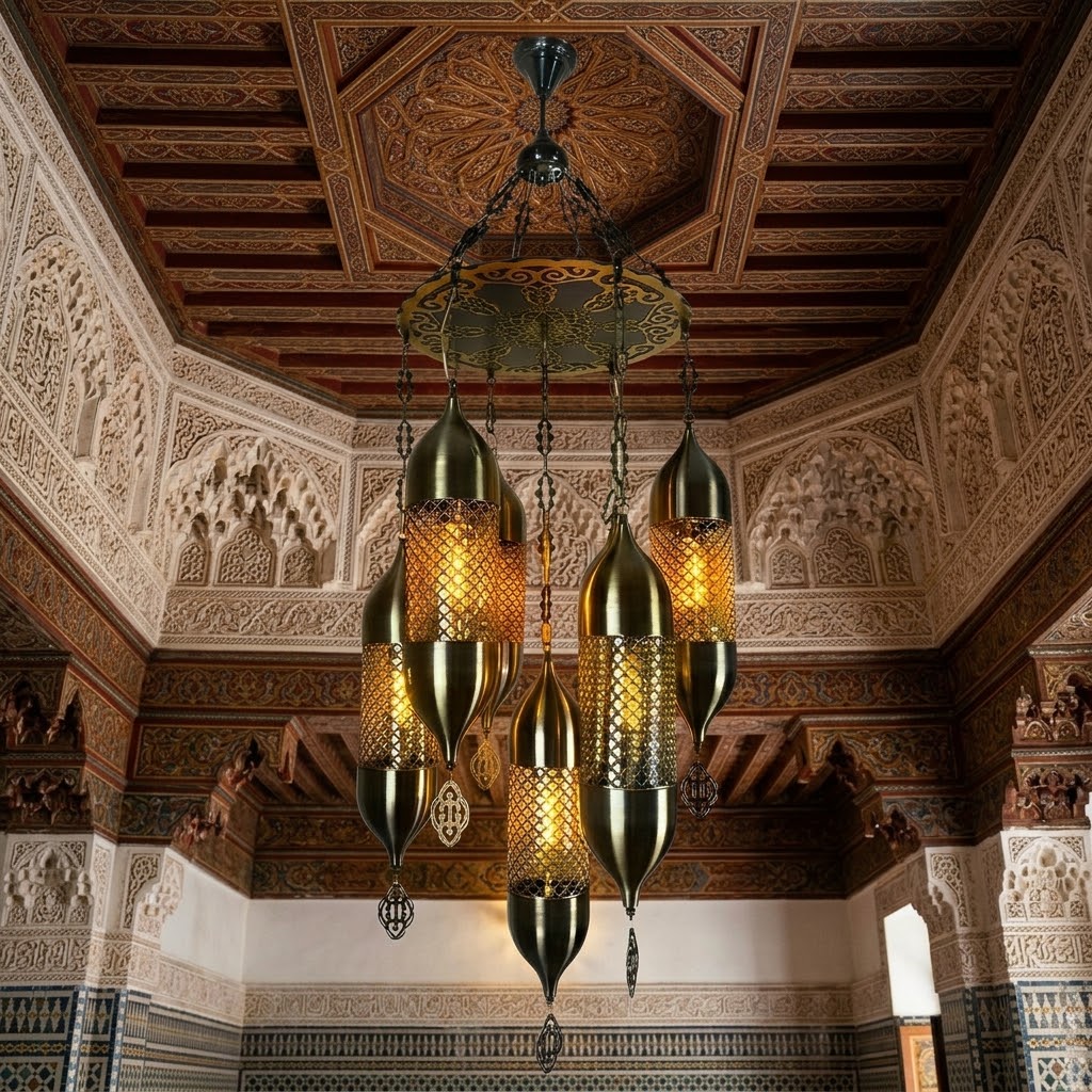Vintage Moroccan 5-Light Hanging Chandelier – Antique Black Stainless Steel Pendant Light