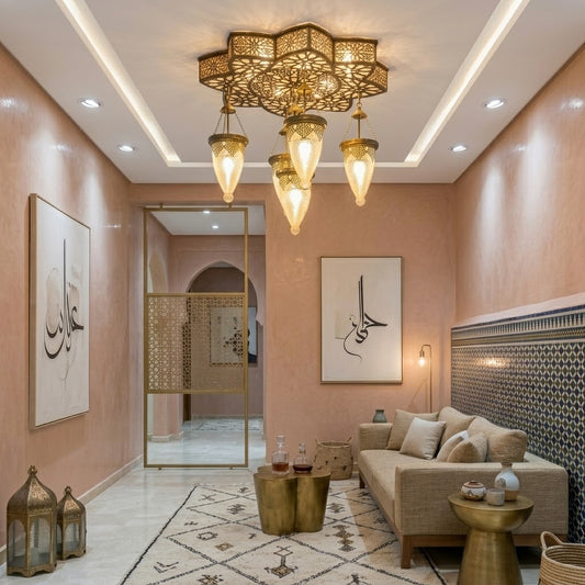 Moroccan Brass Ceiling Light β Luxury Islamic Lantern Chandelier with 5 Hanging Lamps