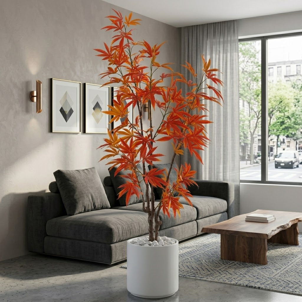 Artificial Orange Maple Tree with White Marble Pot – Modern Decorative Indoor Plant