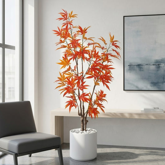 Artificial Orange Maple Tree with White Marble Pot β Modern Decorative Indoor Plant