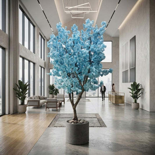 Captivating Blue Artificial Blossom Tree in Wood & Ceramic Pot