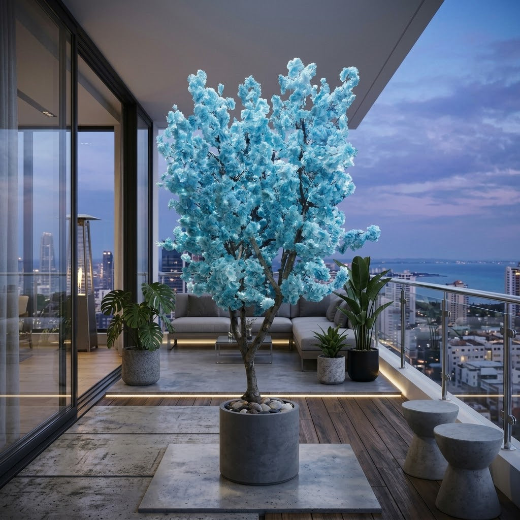 Captivating Blue Artificial Blossom Tree in Wood & Ceramic Pot