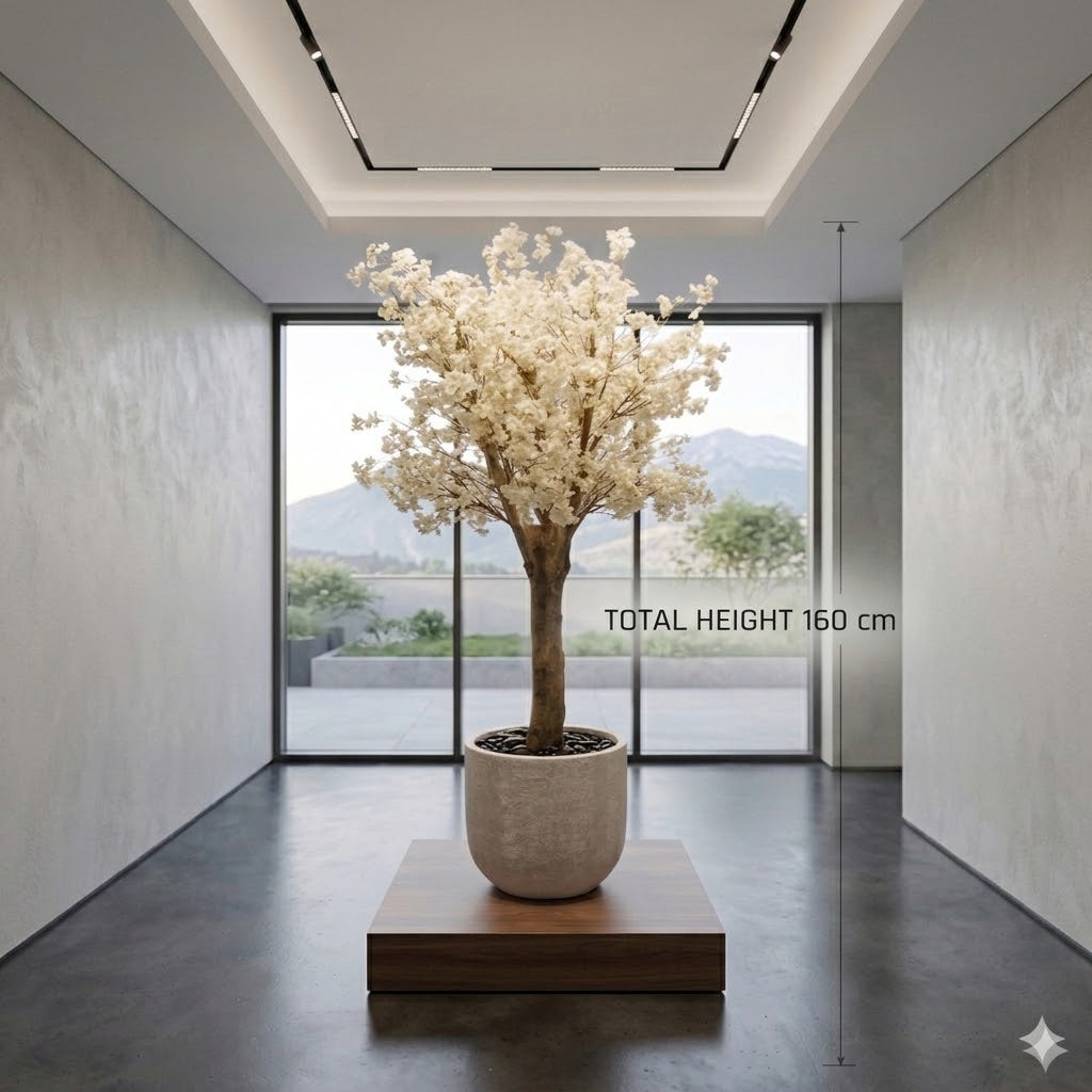 Modern Artificial White Blossom Faux Tree in Textured Planter and Wood Base (160 cm Tall)
