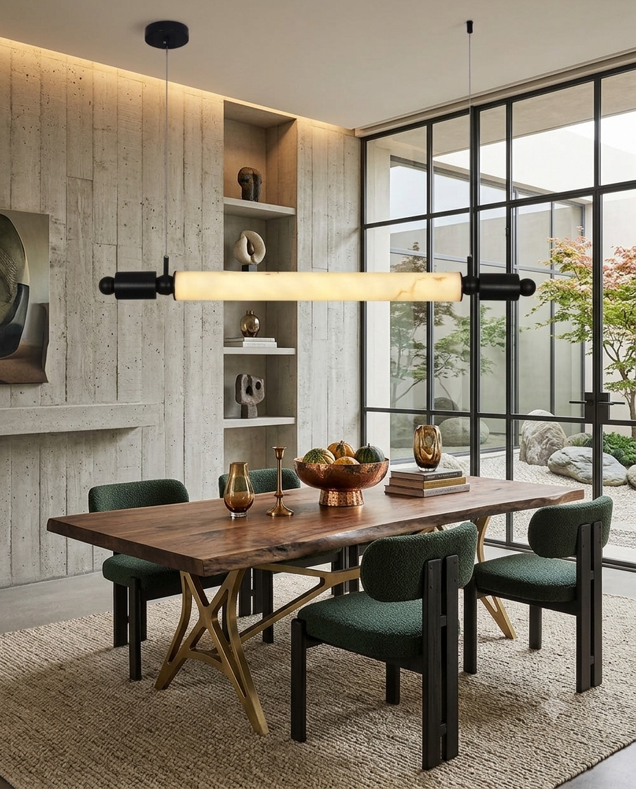 Luxury 110cm Linear Marble-Look Pendant Light | Gold & Black